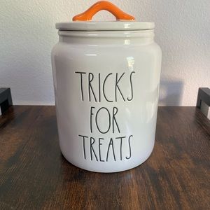 Rae Dunn “tricks for treats” pet canister. Halloween